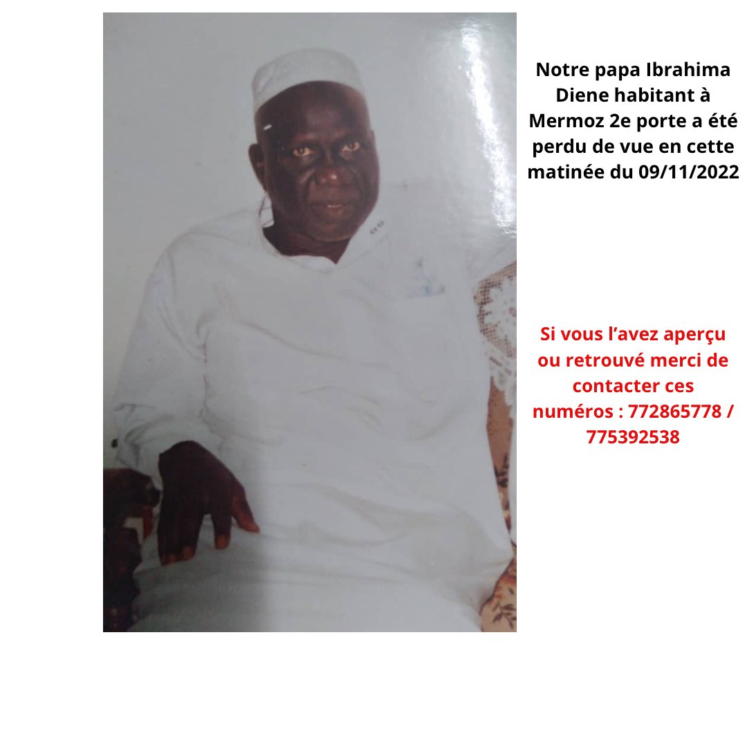 Au Sénégal plus précisément à Dakar au quartier de MERMOZ, un vieil homme a été perdu de vue de plus de 48H. Sa famille est dans le désarroi. Aidez les à le retrouver grâce à la magie des réseaux en utilisant #FINDIBOU