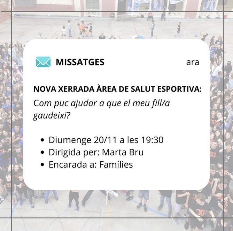 📣ATENCIÓ FAMÍLIES 

Apunteu a l’agenda la propera xerrada de l’Àrea de Salut, a càrrec de la ⁦<a href="/MartaBru75/">Marta Bru</a>⁩, psicòloga de l’esport. 

Podem contribuir les famílies al gaudi -i per tant, a la continuïtat- dels fills en la pràctica esportiva? La Marta Bru ens ofereix eïnes!