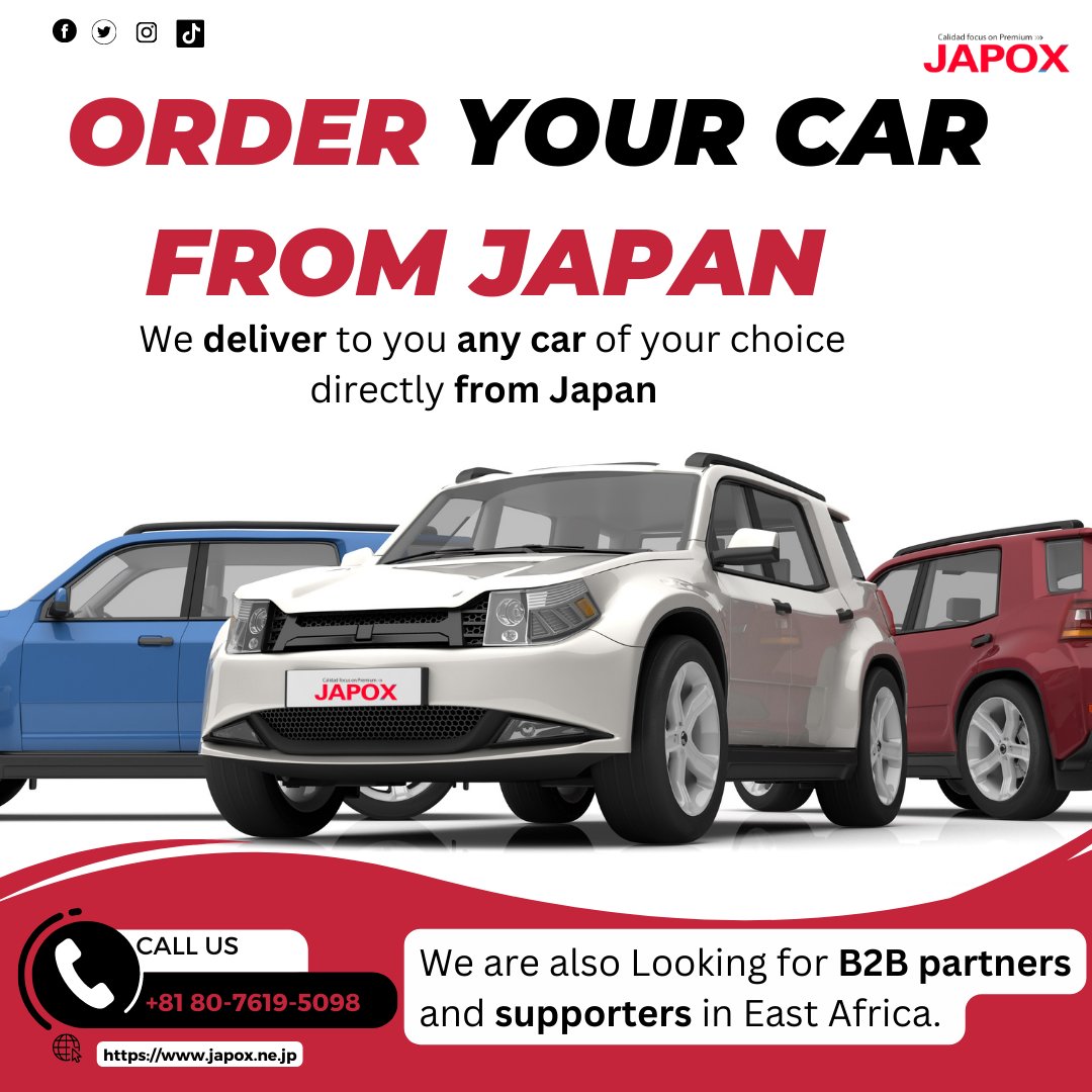 Japox_corp's tweet photo. Let us be part of your dream fulfilment. 
Buy your dream car from Japox. Contact us for B2B partners. Become our supporter to add extra to your income. 
#b2b #JapoxCorp #cardealership #EastAfrica #cars #webinar #CarDeals #usedcars #usedcarsales #usedautoparts #usedcardealership https://t.co/e7fe4JpcDN
