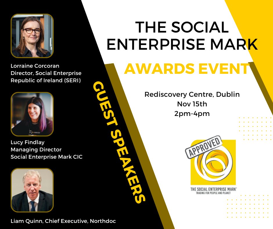 SocialimpactIRE's tweet image. Introducing our guestspeakers for the SOCIAL ENTERPRISE MARK AWARDS EVENT Tues 15th Nov in partnership with @SE_Mark
.
Lorraine Corcoran @SERIreland
Lucy Findlay @SE_Mark
Liam Quinn @Northdocdublin
.
At @RediscoveryCtr
Register⬇️
eventbrite.ie/e/social-ente
#semark #socialenterprise