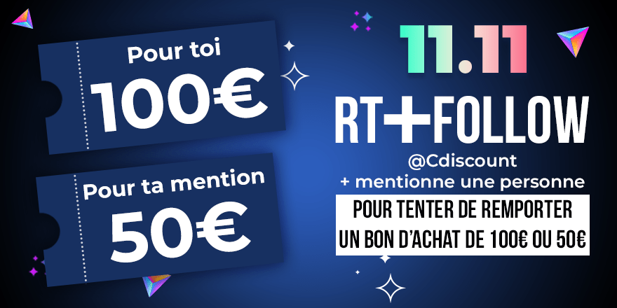 Cdiscount's tweet photo. 🎁 #Concours 
C'est le 11.11, le #CdiscountSinglesDay

Un bon d'achat de 100€ pour toi et de 50€ pour ta mention Twitter ❤️

✔️ RT + FOLLOW @Cdiscount + mentionne une personne
🍀 TAS à 11h11 https://t.co/8hES8RCtyw