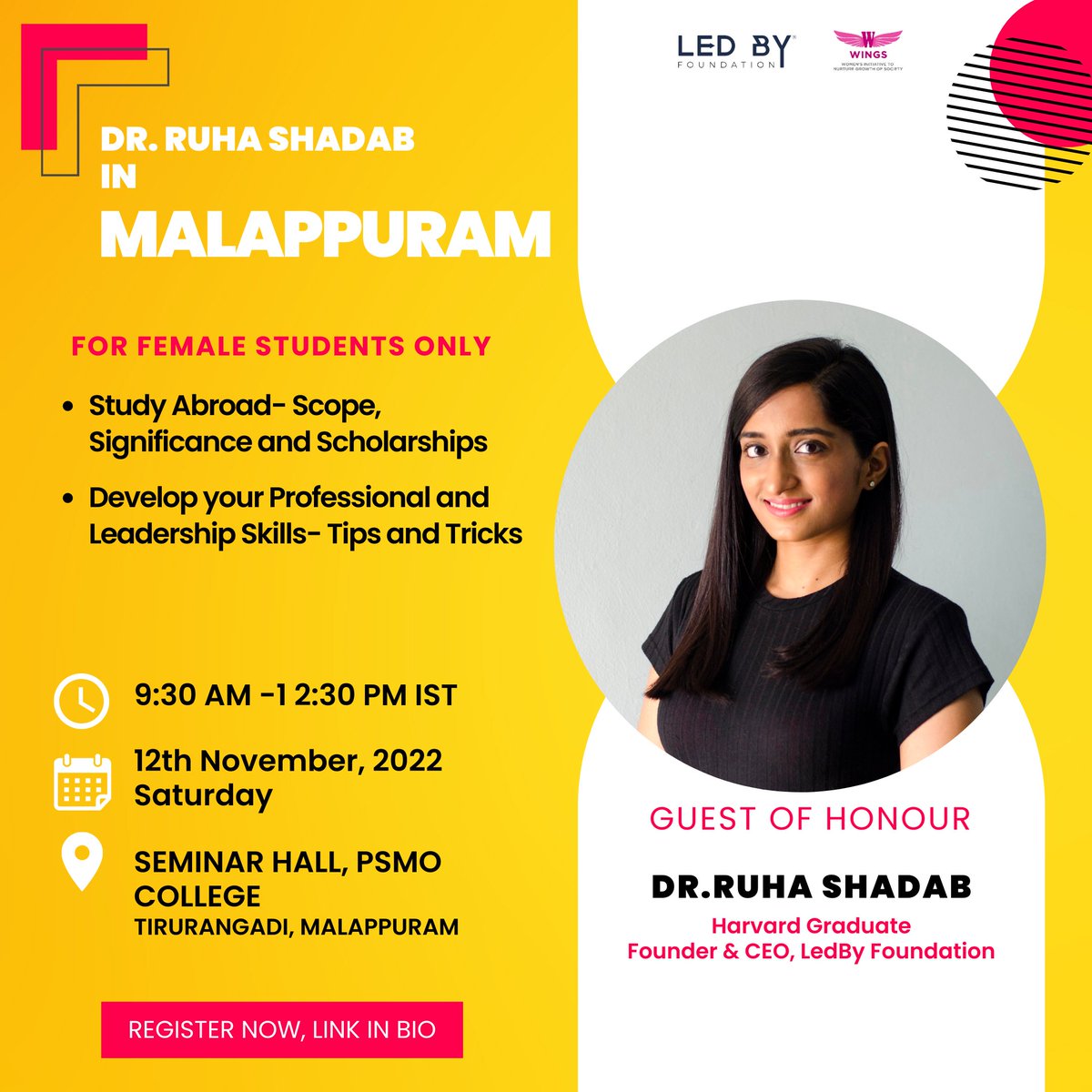 LedByFoundation's tweet photo. Meet LedBy Founder & CEO, @RuhaShadab along with LedBy COO, Deepanjali Lahiri in Malappuram, #Kerala TOMORROW.
Join us in this LedBy #India Tour and get ready to meet a group of sagacious women who are changing the #world.
.
.
#ledby #womenempowerment
#indianwomen #rolemodels https://t.co/16Z5GPSiNC