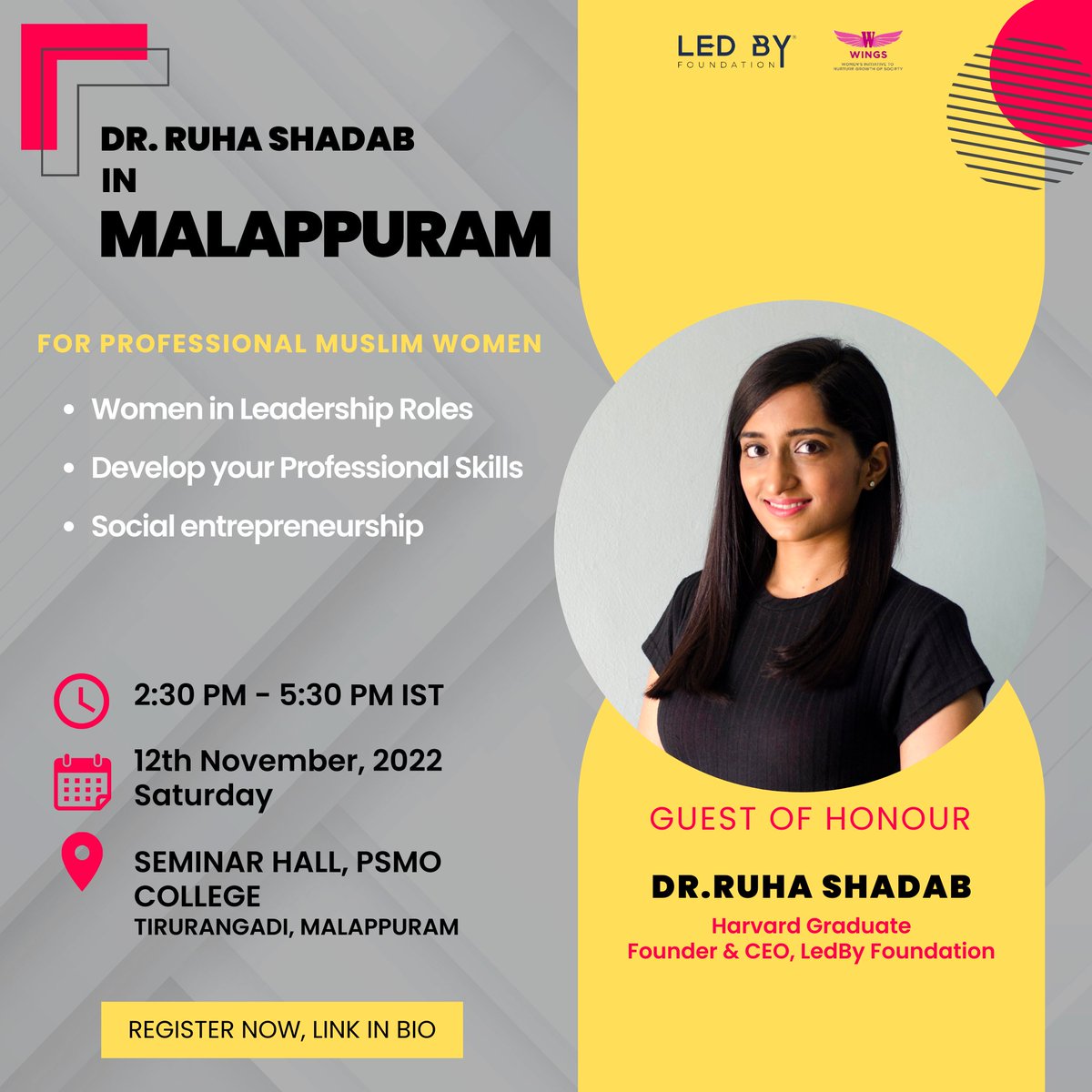 LedByFoundation's tweet photo. Meet LedBy Founder & CEO, @RuhaShadab along with LedBy COO, Deepanjali Lahiri in Malappuram, #Kerala TOMORROW.
Join us in this LedBy #India Tour and get ready to meet a group of sagacious women who are changing the #world.
.
.
#ledby #womenempowerment
#indianwomen #rolemodels https://t.co/16Z5GPSiNC