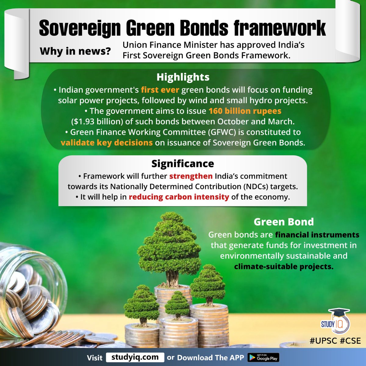 upsciq's tweet photo. #Sovereign #Green #Bonds #Framework
#sovereigngreenbondsframework #greenbondsframework #whyinnews #unionfinanceminister #india #indiangovernments #solarpowerprojects #wind #smallhydroprojects #governmentaims #greenfinanceworkingcommittee #gfwc #sovereigngreenbonds https://t.co/6wr8LtDVnB