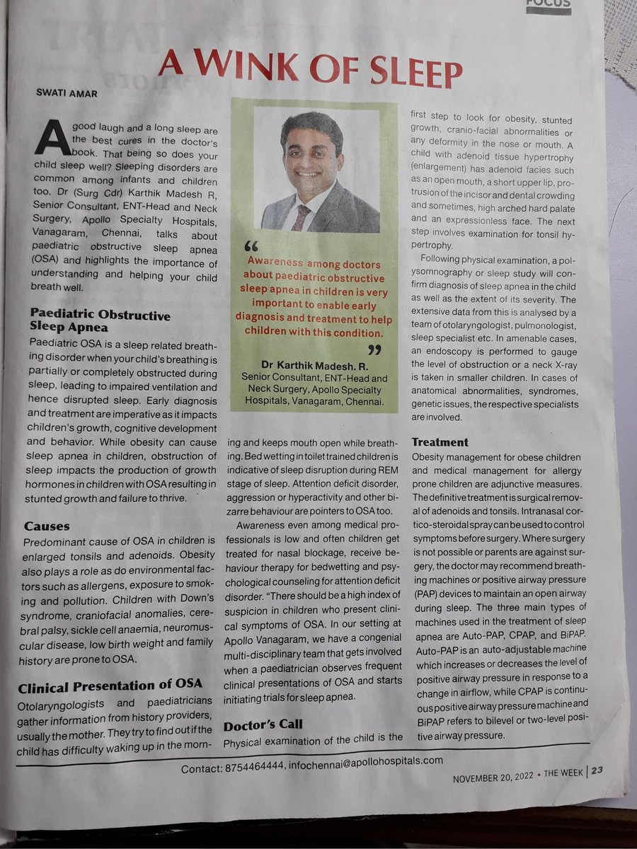 Does your baby/child  sleep well? Check if your child has sleep problems.  My article in The Week dated November 20th available in the stands today 

#paediatrics #sleepapneatreatment #sleepapneaproblems #sleepapneaawareness #sleepapneasolutions #sleepapneatest #infantsleep