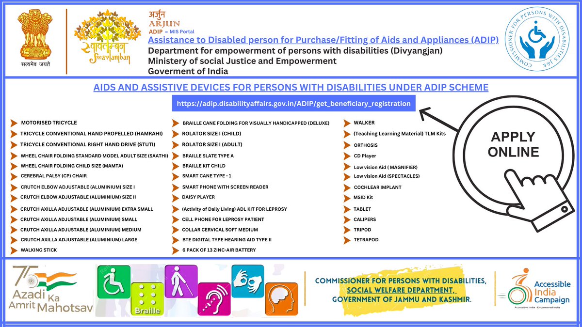 iqballone's tweet photo. AIDS AND ASSISTIVE DEVICES FOR PERSONS WITH DISABILITIES. 

ADIP SCHEME. 

Kindly share and facilitate 
Persons with Disabilities to apply online and avail this scheme.

https://t.co/sFOD32exd4 https://t.co/EKZPZ2NuUb