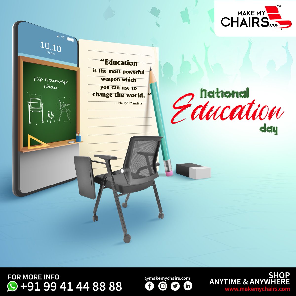 makemychairs's tweet image. NATIONAL EDUCATION DAY📚📕📝📖🧮

Visit our products : makemychairs.com
Experience center : maps.app.goo.gl/HooGLnkryVMjJX…

#makemychairs #studychairs #fliptrainingchair #chairs #nationaleducationday #education #educationday  #educationforall #learning #students #school