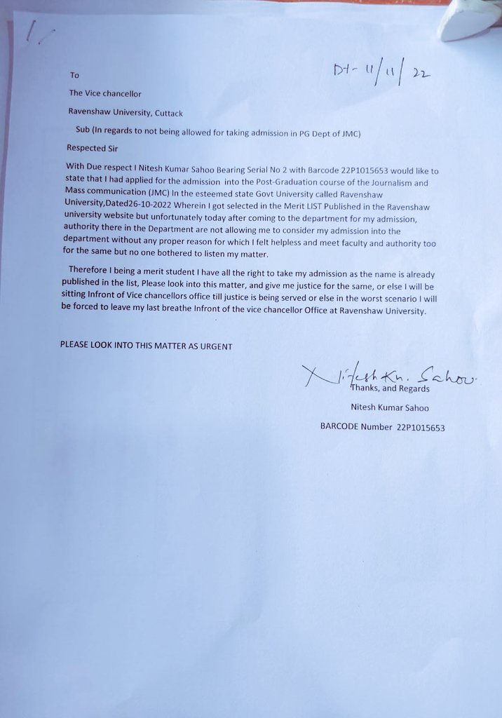 RoutrayAmit08's tweet photo. Published the name in the merit list but @Ravenshaw150 is deniying to admit! what kind of dictatorship is this! @otvnews @GovernorOdisha @DHE_Odisha @rohitpujaribjd @ugc_india @ArgusNews_in @dpradhanbjp @dcp_cuttack https://t.co/9kVn0VlLPm