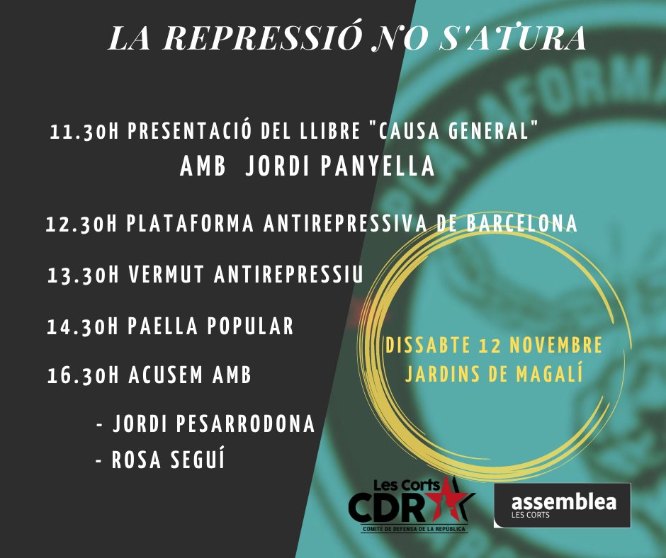 🤔 Derogació? Reforma? Trilerisme una altra vegada! 

👉 Seguim cuidant-nos i lluitant contra la repressió perquè aquesta no s'atura
👉 Ni la lluita pels teus drets ni la solidaritat son delicte!
 
✊ DEMÀ, JORNADA ANTIREPRESSIVA! 

🗓12 de novembre
📌Jardins Magalí (Les Corts)