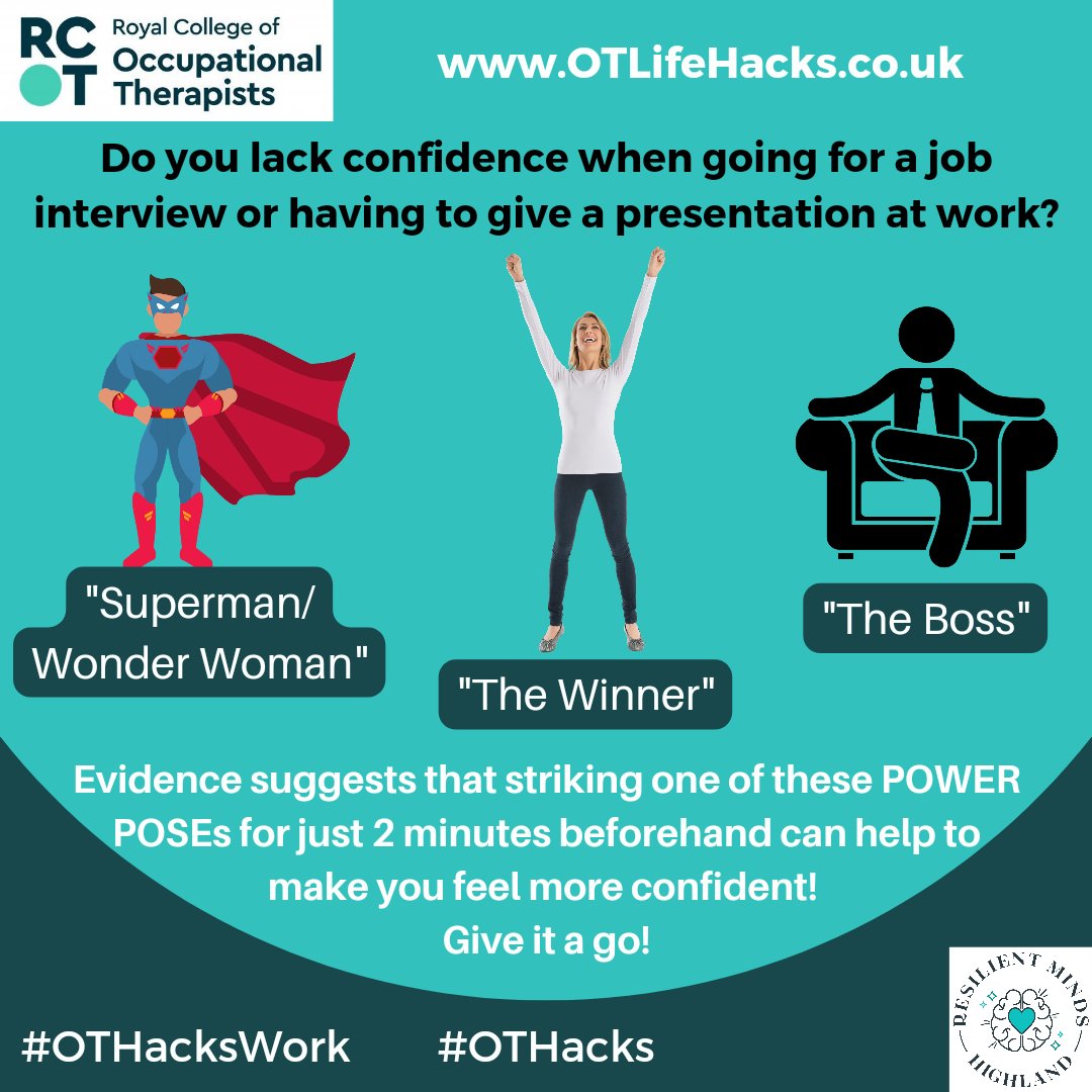 RMindsHighland's tweet photo. Final day of #OTLifeHacks and we are focusing on Work...
Do you struggle with self-confidence? Can anxiety lead you to avoid new opportunities?
#OTHacks #OTLifeHacks #OTWEEK2022 #Powerpose #confidence #OTHacksWork @theRCOT @RCOT_MH https://t.co/vneqxdSrIV