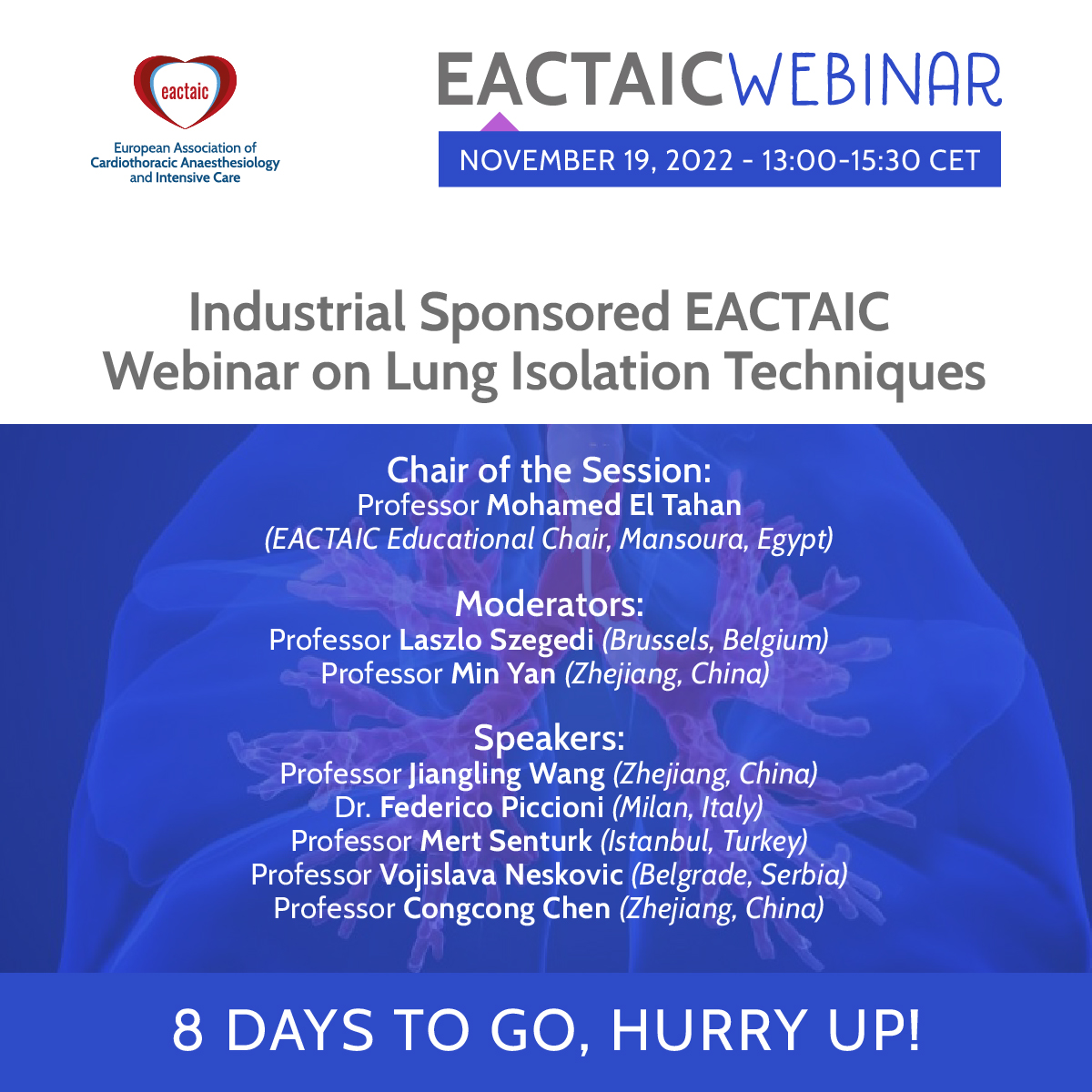 EACTAIC's tweet photo. #EACTAIC free webinar on #LungIsolation Techniques is just 8 days away!
Check out now the Scientific Programme. Register today https://t.co/lYl7A6wDAf
#DLTs #LungSeparation #BronchialBlockers #EACTAICwebinar #MedTwitter #TappaMedical
@tahan_dr @fabiodoc64 @rex_steffen @zartapoz https://t.co/HEKeL2EWTF