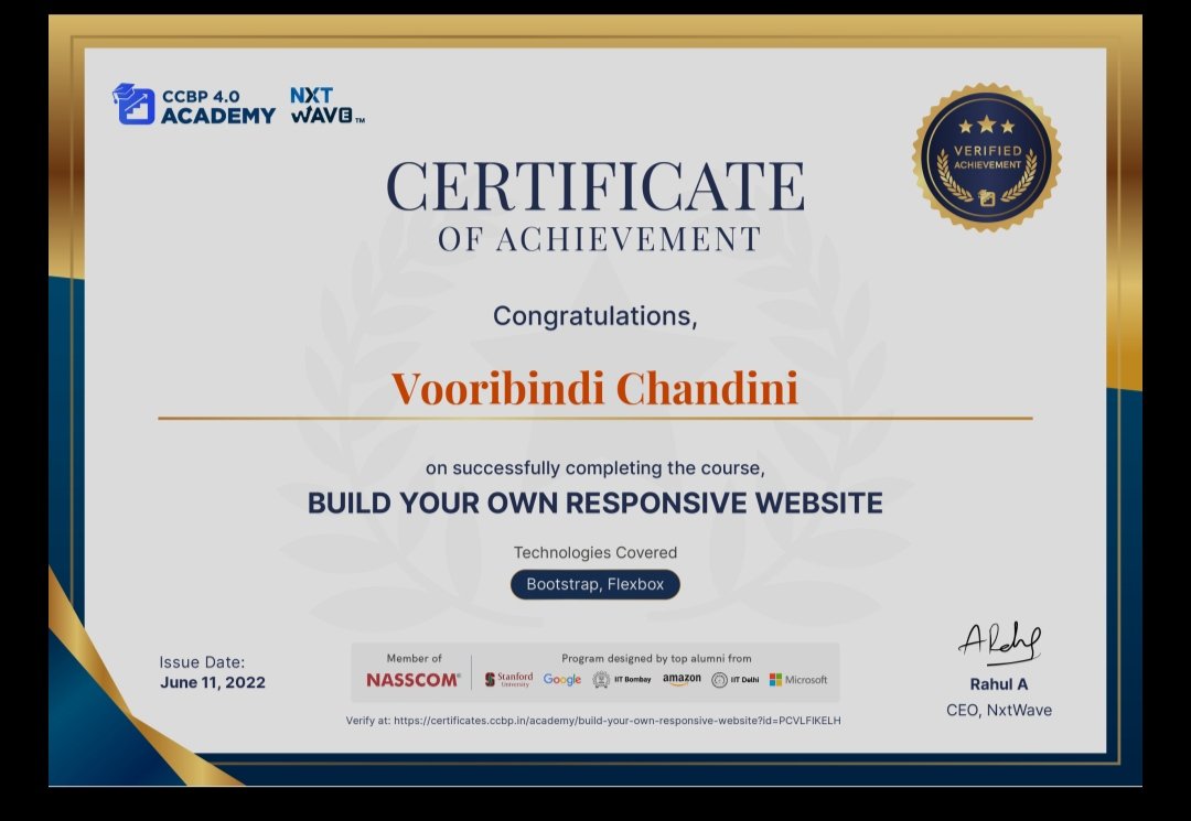 CVooribindi's tweet photo. Hii Everyone 😊! 
Responsive website course completion certification.

#nxtwave #ccbpian #consistency 
#html #css #bootstrap #pythoncoding #programming #rahulattuluri #sashankgujjula #girishakash https://t.co/4DGdPKG9Ey
