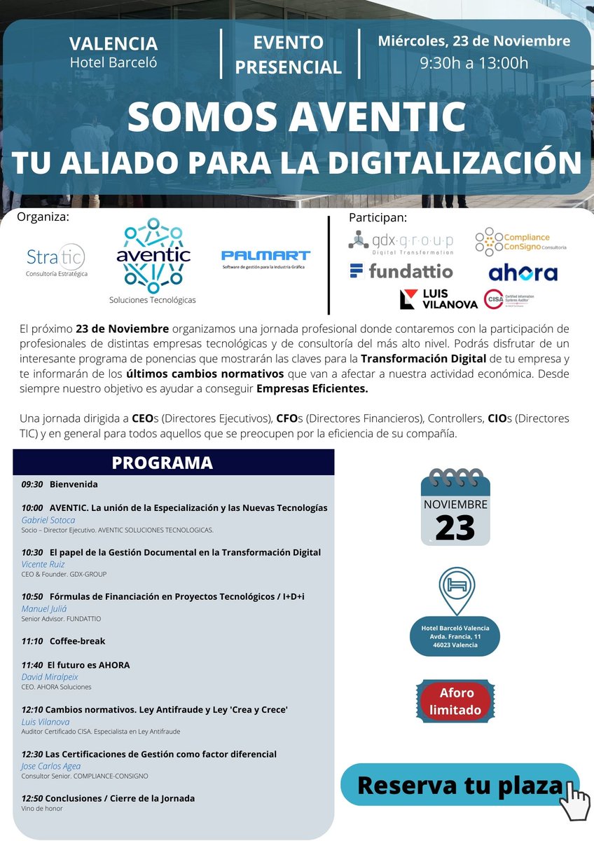 aventic_sol_tec's tweet image. Nueva incorporación de LUJO para el EVENTO del día 23 de NOVIEMBRE en el @barcelohoteles Valencia:

@lvilanovab experto en Ley Antifraude, Auditor certificado CISA.

Apúntate al evento en el siguiente enlace:

lnkd.in/d9FUGc6P

#eventogratuito #leyantifraude #digitalizar