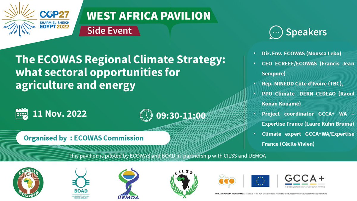 ecowas_agric's tweet photo. 📢 #HappeningNow #COP27: Side event on ECOWAS Regional #Climate Strategy to discover sectoral opportunities for #Agriculture and #Energy with @ecowas_agric & @ECREEE_ECOWAS & #GCCAPlus West Africa project
Sierra Leone’s perspective on the Strategy : https://t.co/WaF9T4JHZI https://t.co/QtYzVZRawI