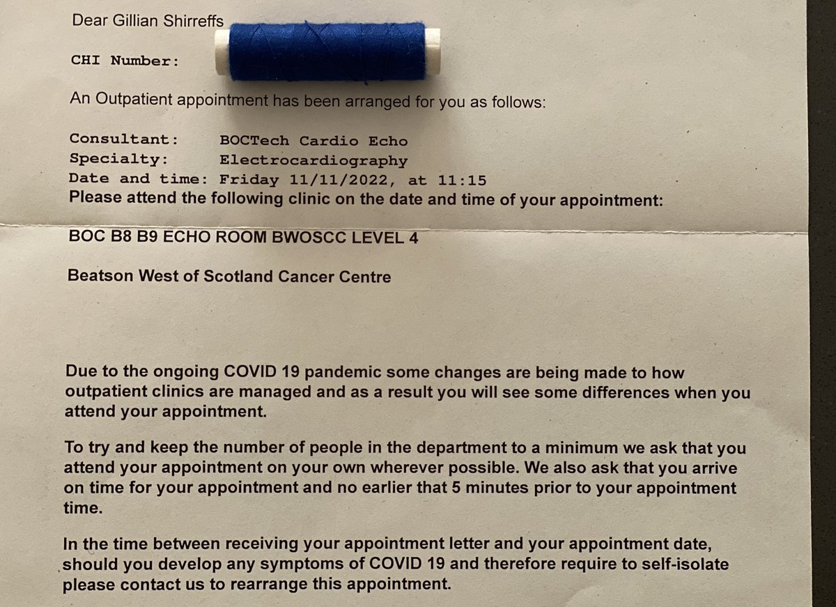 SunshineScot's tweet photo. I have regular checks on my heart because of my treatment, so I’m off to the Beatson this morning. #GettingThroughTreatment #TheWonderOfThread https://t.co/95DIvi3o7Y