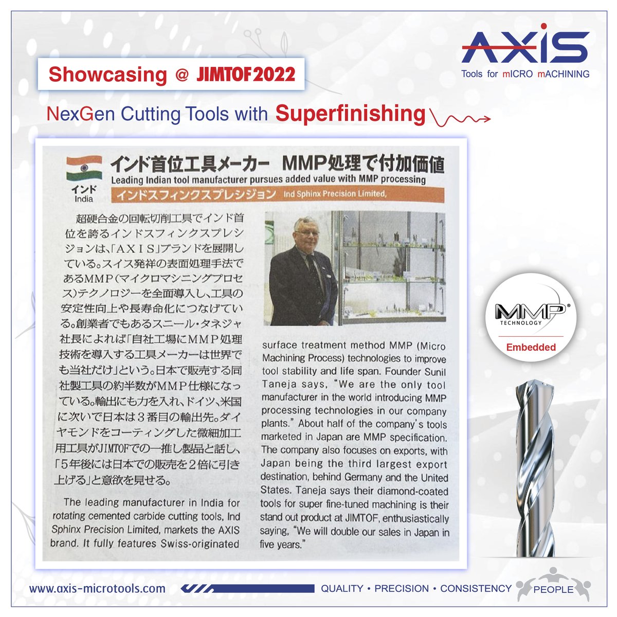 Showcasing NexGen Cutting Tools with Super finishing <a href="/JIMTOF/">Ahn Tae Sung</a> 2022

Come and Explore MMP Technology <a href="/JIMTOF/">Ahn Tae Sung</a> on 8-13th Nov 2022. West Hall 3, Booth W3033 , Japan
#axis #microdrill #axistools #jimtof2022 #jimtoftokyo2022 #micromachining #microendmills #cncmanufacturing #cncmachining