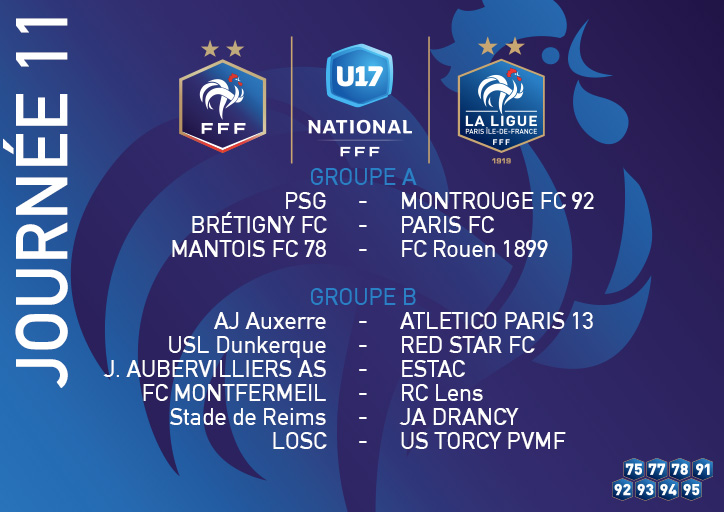 [U17N] La J1⃣1⃣ des franciliens ce we en #U17National 👇
➡️ Groupe A - Derby de 🔥 entre <a href="/PSG_inside/">Paris Saint-Germain</a> (1er) et <a href="/MontrougeFC92/">Montrouge FC 92</a> (6ème)
➡️ Groupe B - Le choc à ne pas rater :  <a href="/FCMontfermeil/">Fc Montfermeil</a> (3ème) vs <a href="/RCLens/">Racing Club de Lens</a> (4ème) 💥
➡️ <a href="/Paris13Atletico/">Paris 13 Atletico</a> <a href="/RedStarFC/">Red Star FC ✪</a> : ne rien lâcher sinon... #FFF