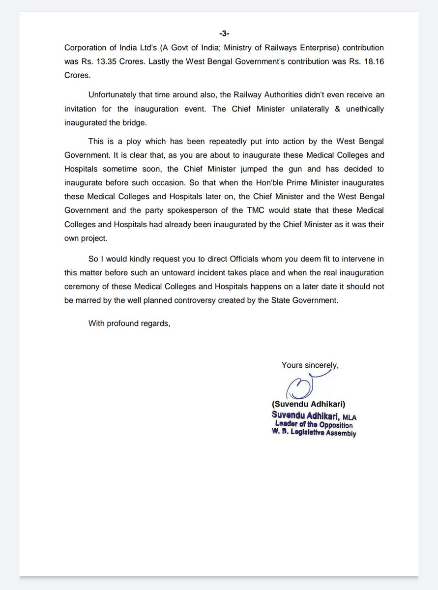 SuvenduWB's tweet photo. Hon'ble CM @MamataOfficial is about to unilaterally &amp; unethically inaugurate 6 new Central Govt Sponsored Medical Colleges &amp; Hospitals before the actual inauguration by the Hon'ble PM Shri @narendramodi Ji.
I have written a letter to Hon'ble PM regarding this matter.
@PMOIndia https://t.co/1I1YzBnWgu