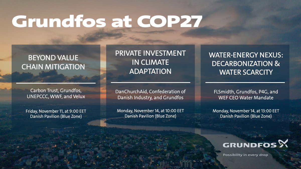 grundfos's tweet photo. We are proud to be part of the biggest Danish business delegation to date at #COP27 in Egypt.
Come meet us at the Denmark Pavilion and hear about the role water efficiency plays in achieving a net-zero future: https://t.co/9c4FfNJmVg
 #DKCOP17 #POSSIBILITYINEVERYDROP https://t.co/dRuPBayPzS