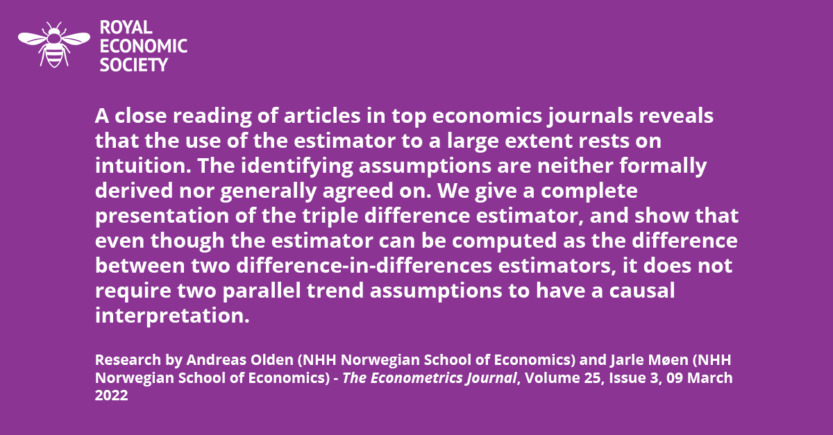 📖OPEN ACCESS – Have a look at the Econometrics Journal's paper ‘The triple difference estimator'. @JaapAbbring

Authors: <a href="/AndreasOlden/">Andreas Olden</a> &amp; <a href="/JarleNHH/">Jarle Møen</a>
Read here👉bit.ly/3NSwCJN

#EconTwitter #AcademicTwitter