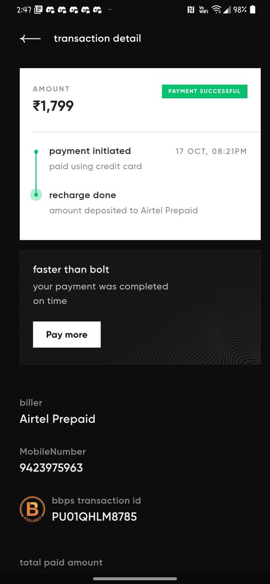 Apjain074's tweet photo. @CRED_club I have done a recharge of rs1799 of airtel for on 17oct, as Amount is deducted but not credited to airtel nor i got my amount back to my account.
Its been more than 20 days i haven't got any update from your side.pls help me with that. https://t.co/x9YBgQVLHC