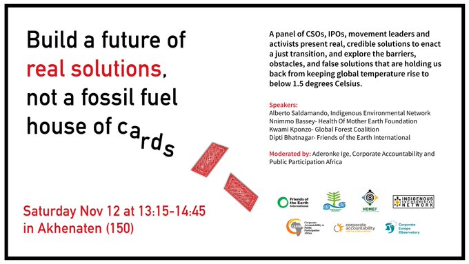 GFC_forests's tweet image. 📢 Join us on Saturday 12th at #COP27 where experts &amp;amp; activists will discuss #FalseSolutions holding us back &amp;amp; about #RealSolution to address the #ClimateCrisis 
⏱️ From 13.15 ETT in Akhenaten room 
👀 You can also watch it remotely 👇
my.mtr.cool/jzwzaiuani or join at #COP27