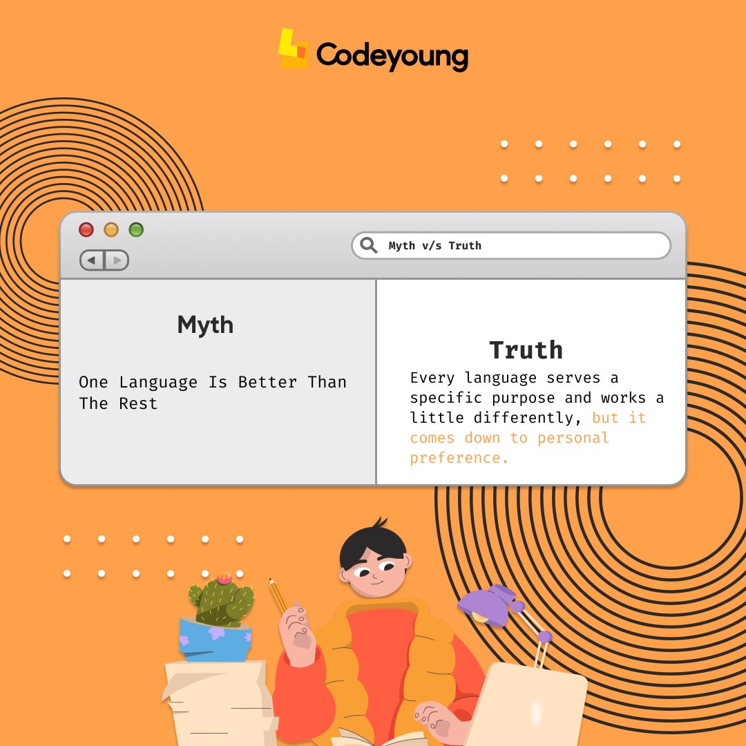 Developers like to claim that one language is better than the other, but it’s not true. Every language serves a specific purpose and works a little differently, but it comes down to personal preference. 

#codeyoung #coding #programming #programmer #coderkids #programmers #myth