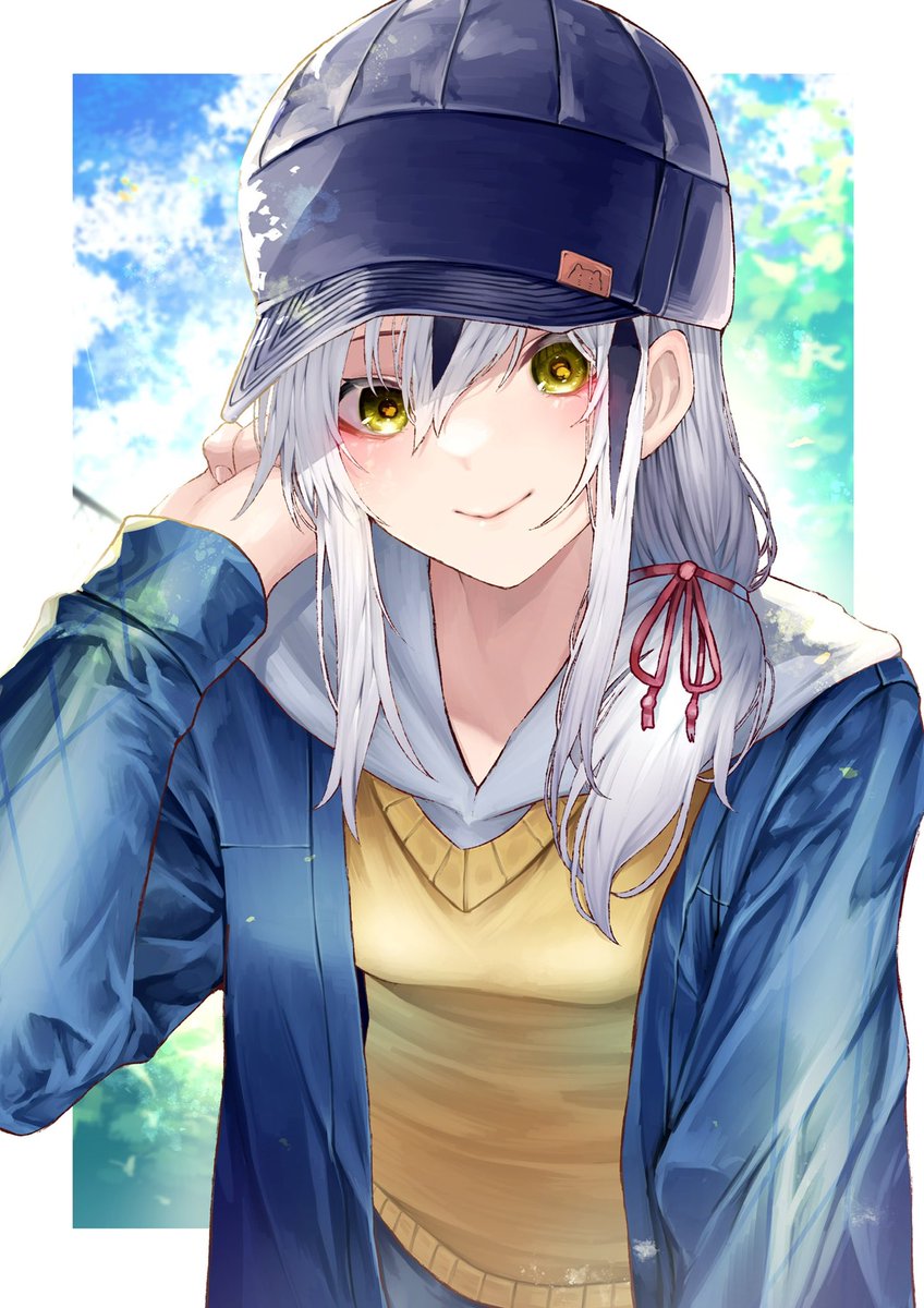 1girl solo hat smile yellow eyes white hair jacket  illustration images