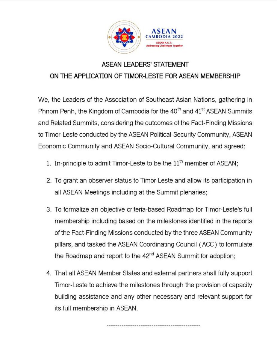 suryodipuro's tweet photo. After 11 years, Timor Leste is ASEAN’s 11th member, the provisions as elaborated in this statement. Decided on 11/11/22. https://t.co/AZN2Ep1sJ5