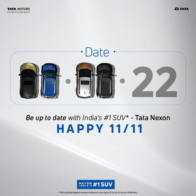 1-dering what date it is?
Happy 11/11 from Tata Nexon - India's #1 SUV*. 😎

sgamotors.in

#TataNexon #NexLevel #NexonNumberOne #TataMotorsPassengerVehicles #SUV #SUVLife #ElevenEleven