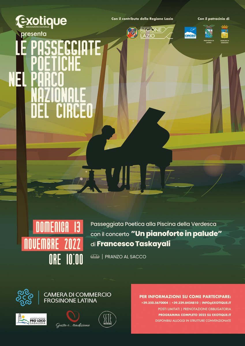In uno scenario unico Francesco Taskayali si esibirà nel silenzio di un luogo così significativo per il Parco Nazionale del Circeo e l'agro pontino tutto. 
Un pianoforte a coda in una palude, un compositore che ritorna alle sue origini.