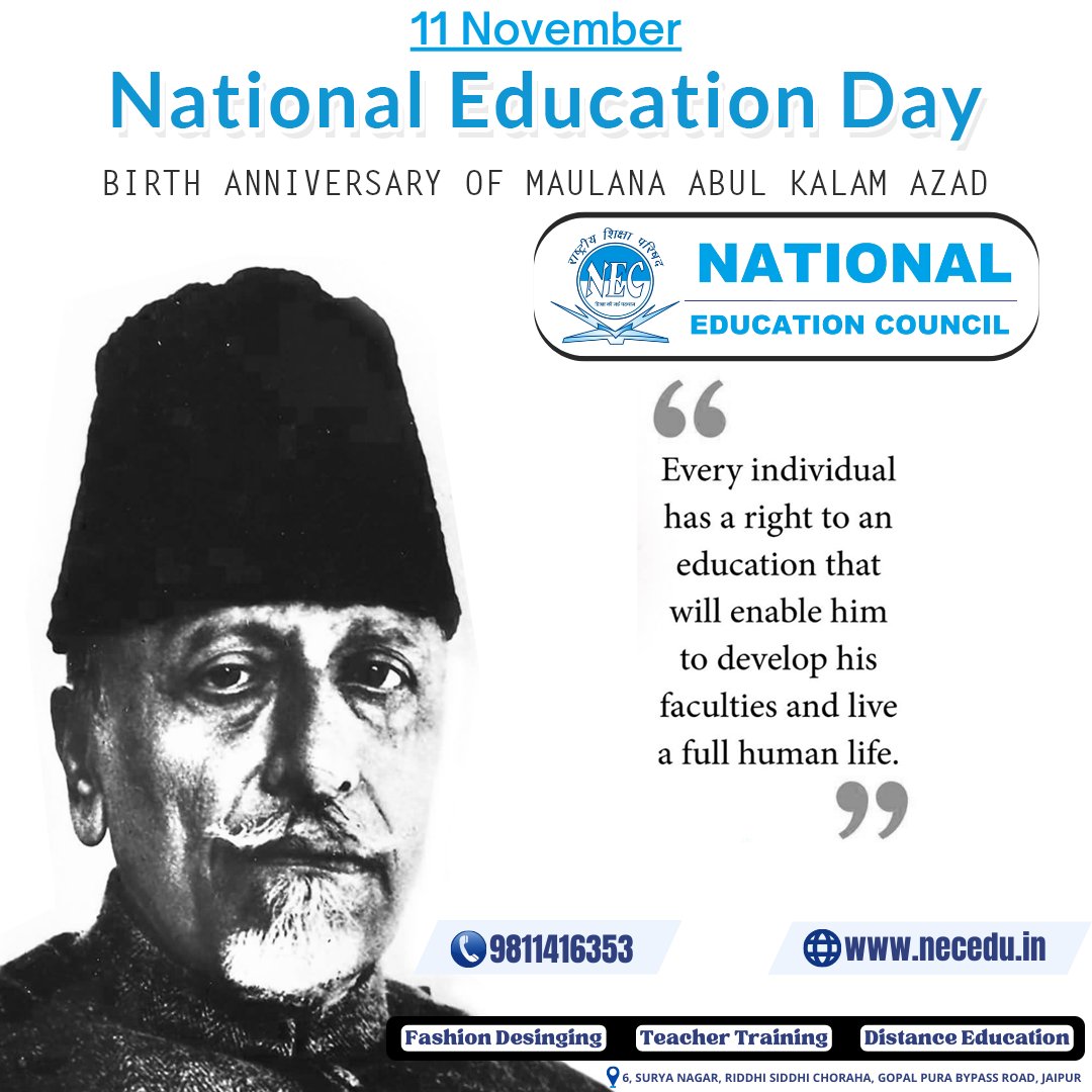 nec_jaipur's tweet photo. Greetings on #NationalEducationDay
we pay homage to an exemplary stalwart and the first education minister of India, Maulana #AbulKalamAzad He will be remembered for his invaluable role in India’s freedom struggle and for his contributions towards our education sector #necjaipur https://t.co/l9gXqa7ZRS