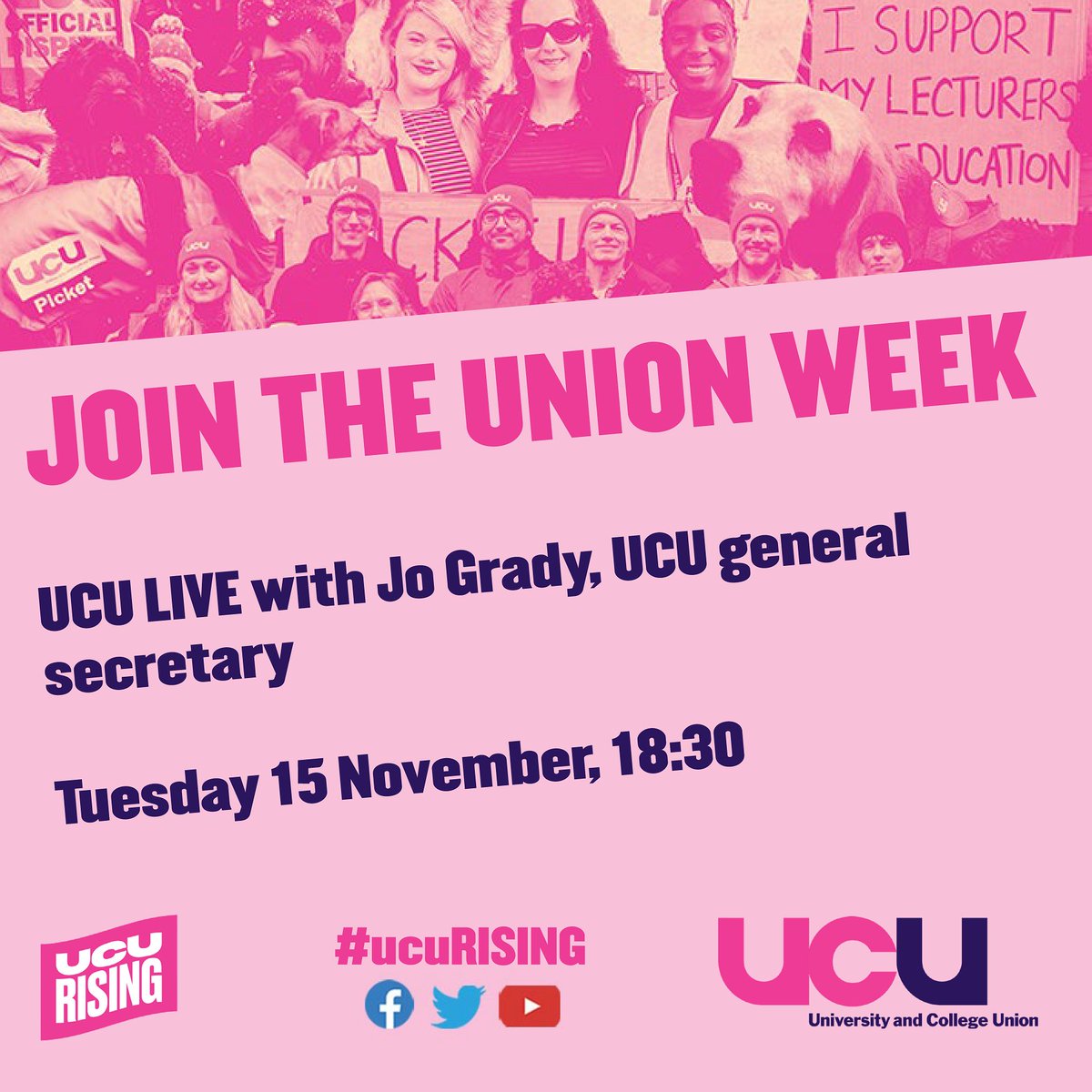 Next week we launch JOIN THE UNION week 💪

Our union will be going all out to recruit new members and ensure we deliver the biggest picket lines in our history 

Join us for a special UCU LIVE next Tuesday 🚀

📺youtube.com/watch?v=ht-5uc…

#ucuRISING