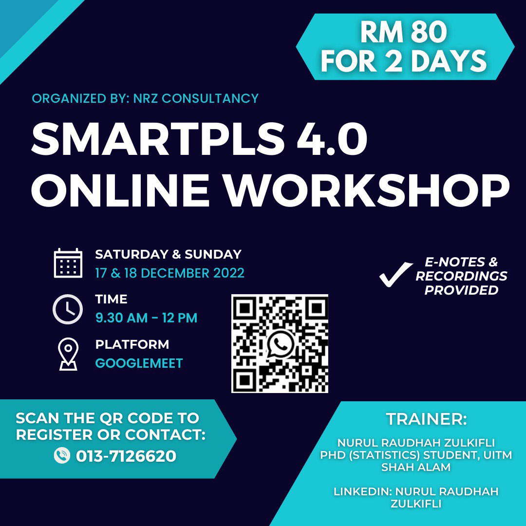 nrzconsultancy's tweet image. SMARTPLS 4.0 ONLINE WORKSHOP (2 DAYS)

In this workshop, we offer you a comprehensive introduction into the foundations of Partial Least Squares Structural Equation Modeling (PLS-SEM) analysis using SMARTPLS 4.0 software. 

#smartpls4  #onlineworkshop #structuralequationmodeling