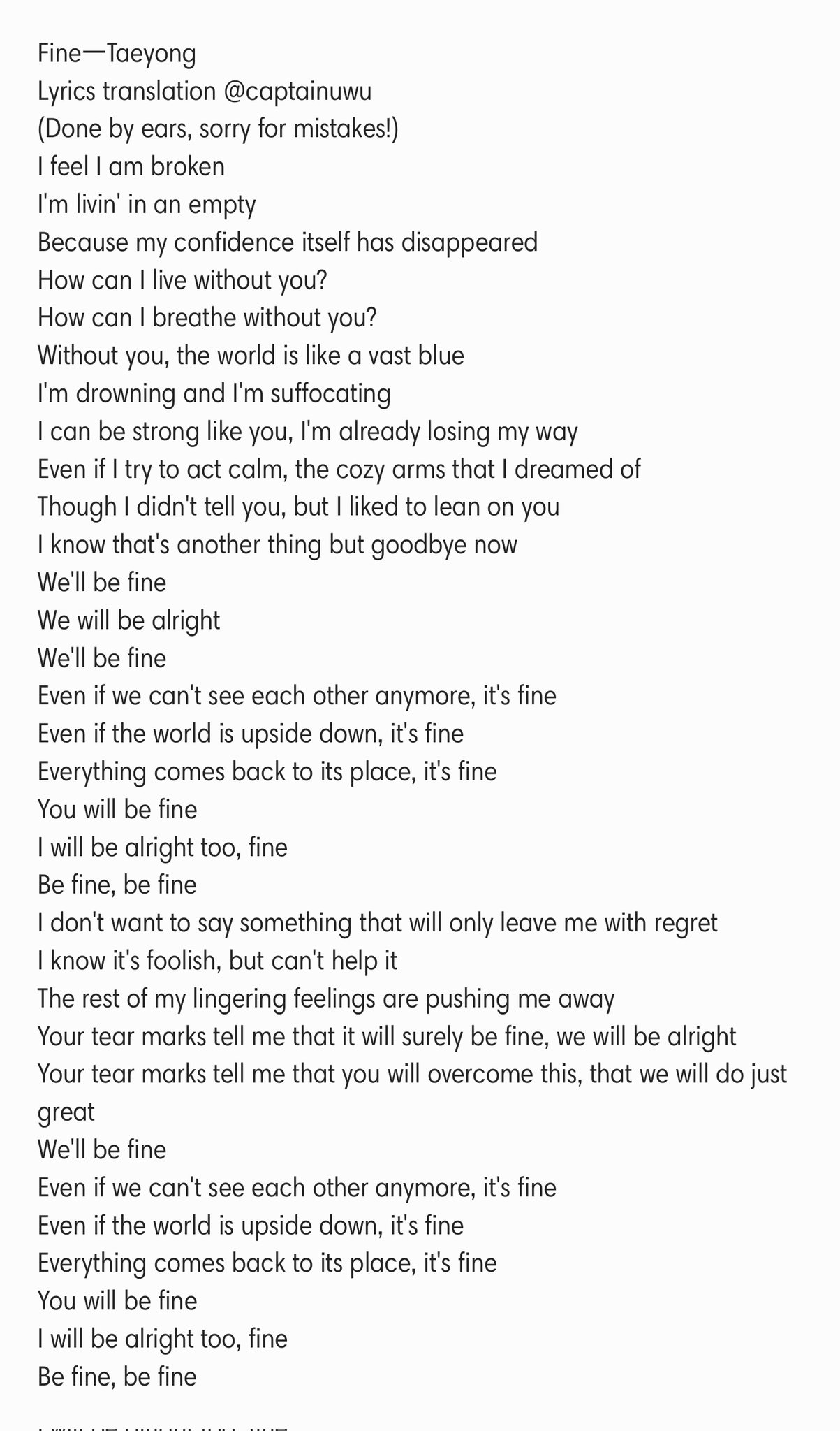 Dyva🌸 on X: FineㅡTaeyong Lyrics translation (Done by ears, sorry for  mistakes! I will revise it, there are things I couldn't hear well but this  is most of it) Your tear marks