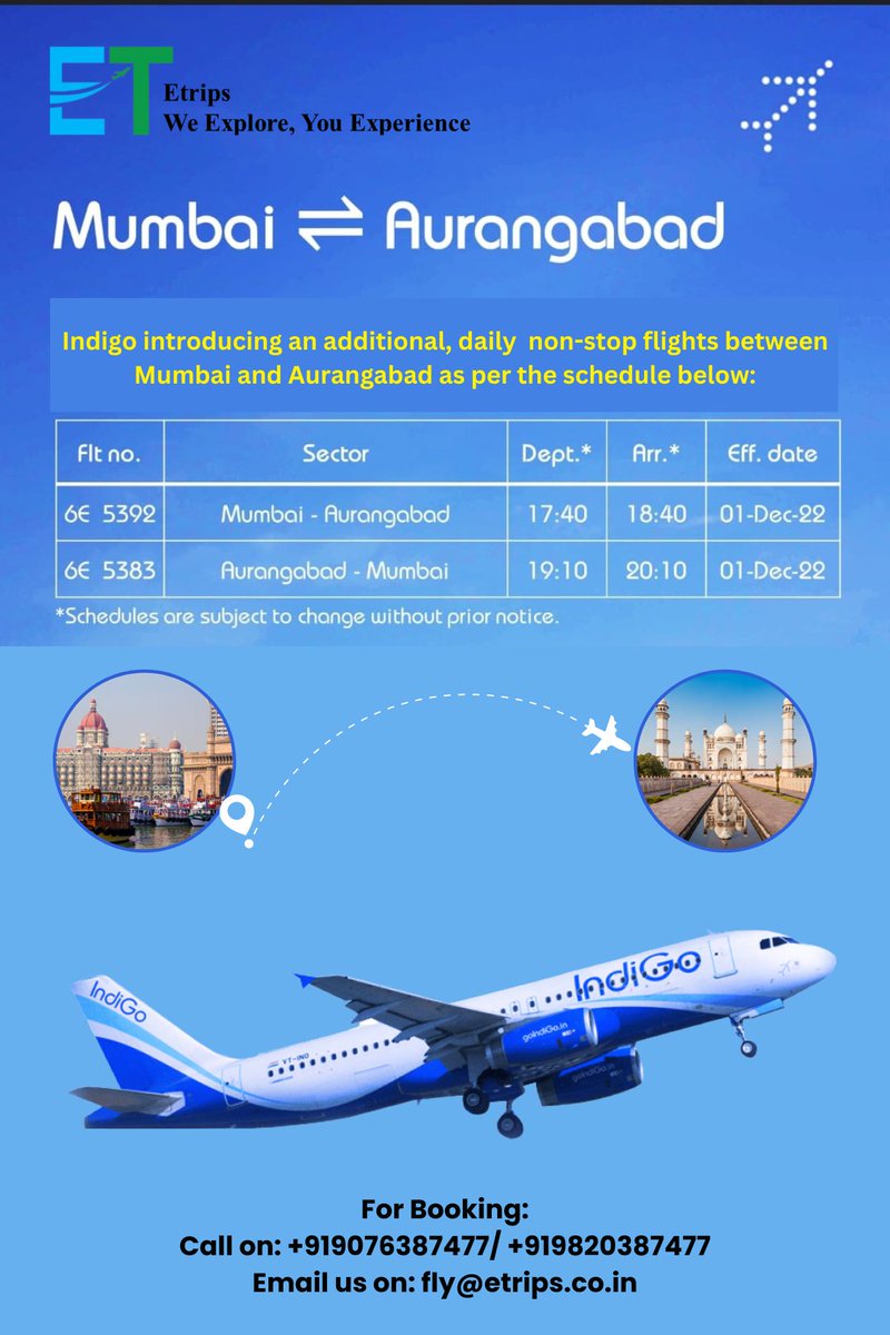 Etrips_co_in's tweet photo. Indigo introducing an additional, daily non-stop flights between Mumbai and Aurangabad.
@IndiGo6E #indigoairline #etrips #mumbai #aurangabad #flightbooking #booknow #travelupdates #travelnews #news #domesticflights https://t.co/lxNXlKFA8i