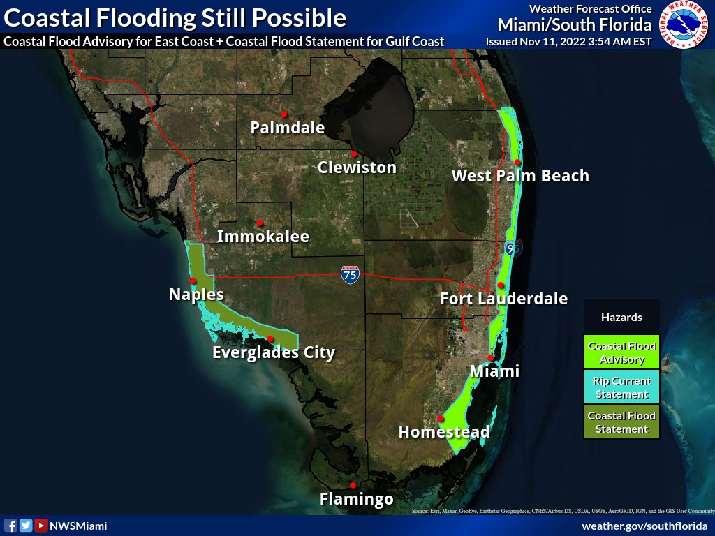 NWSMiami's tweet photo. Nov 11, 5AM: ⚠️🌊 Coastal and beach conditions will remain dangerous today! Minor to moderate coastal flooding could be possible during high tides, while the risk of life-threatening rip currents also remains high.  Make sure to plan ahead! #FLwx https://t.co/WyG5EU7gxT