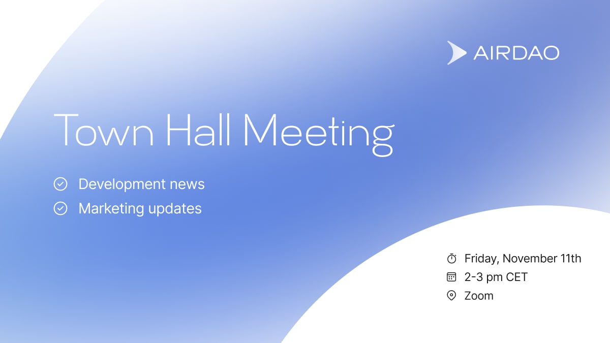 Join the AirDAO team for our Town Hall today at 2-3 PM (CET).

We will discuss the news from the past week with updates from the marketing and development teams, answer questions from the community, and discuss what is coming soon for #AirDAO!

Watch here: us02web.zoom.us/j/84453942732