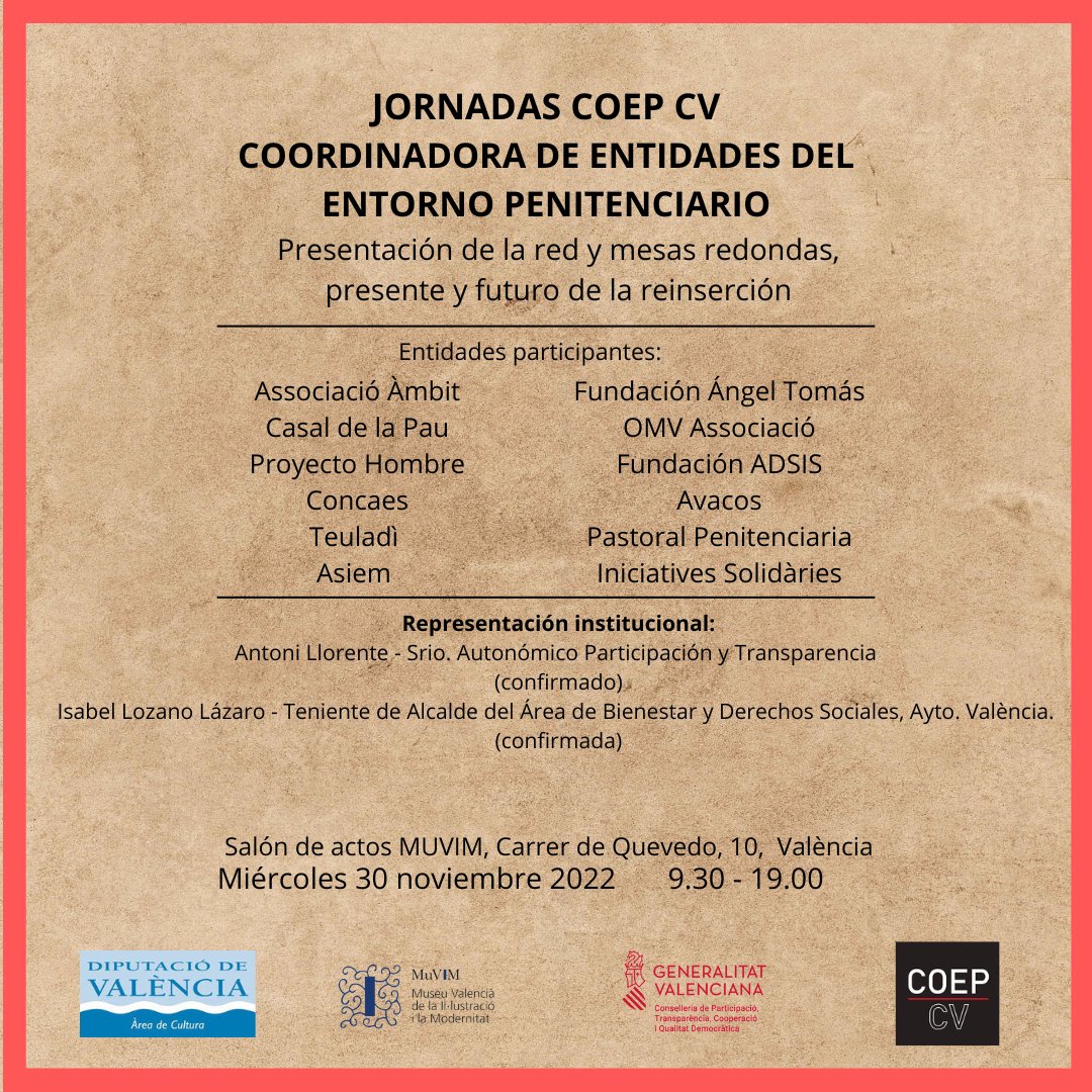 CoepCv's tweet photo. Inscripciones abiertas para las #JornadasCoepCV https://t.co/sSFeyt0IBp
@jvilaltai @SaludMentalVAL @AssociacioAmbit @ini_solidaries @OMV_social @FundacionAdsis @Phombrevalencia @Casaldelapau1 https://t.co/h0w4NrCHlt