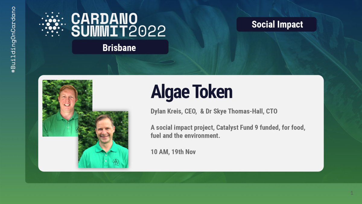 Dylan Kreis &amp; Dr Skye Thomas-Hall from <a href="/algaetoken/">AlgaeToken</a> will be presented at the #Brisbane #CardanoSummit2022 about their social impact project around growing Algae.  

Register on Meetup for the Summit bit.ly/3E3l6rp