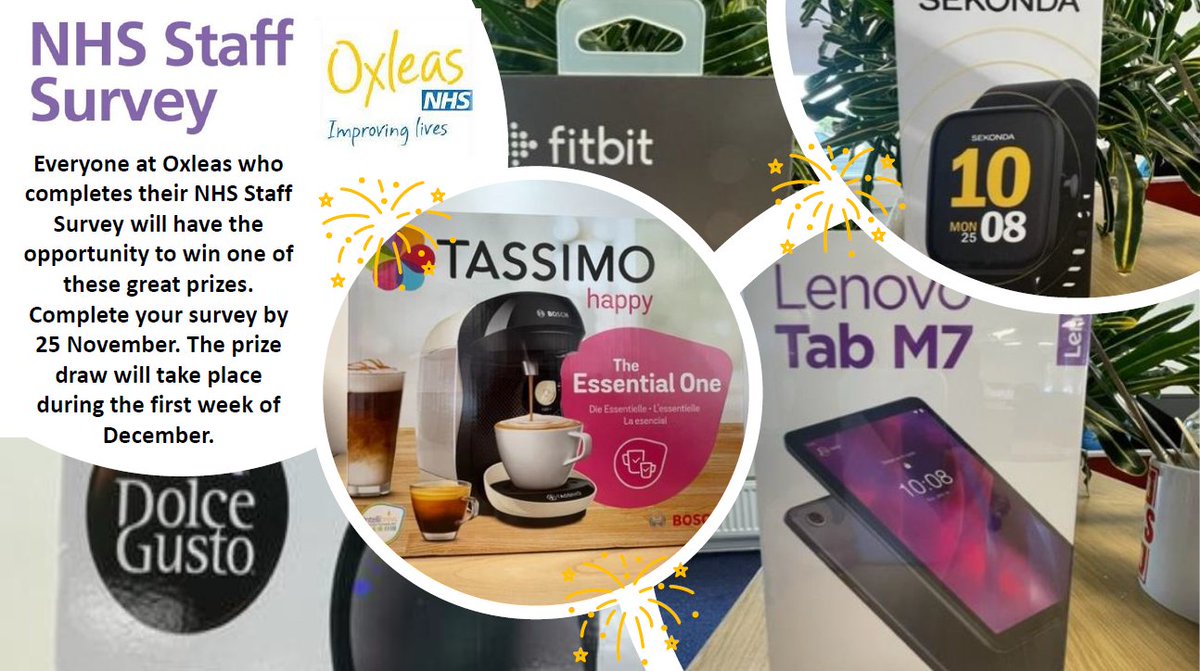NHS Staff Survey closes on the 25th. Don’t miss out on your chance of winning one of these prizes! Complete your survey and you will be entered into a draw! If you have already started your online survey simply re click on the link to complete &amp; submit. Good luck 💙💛 <a href="/OxleasNHS/">Oxleas NHS</a>