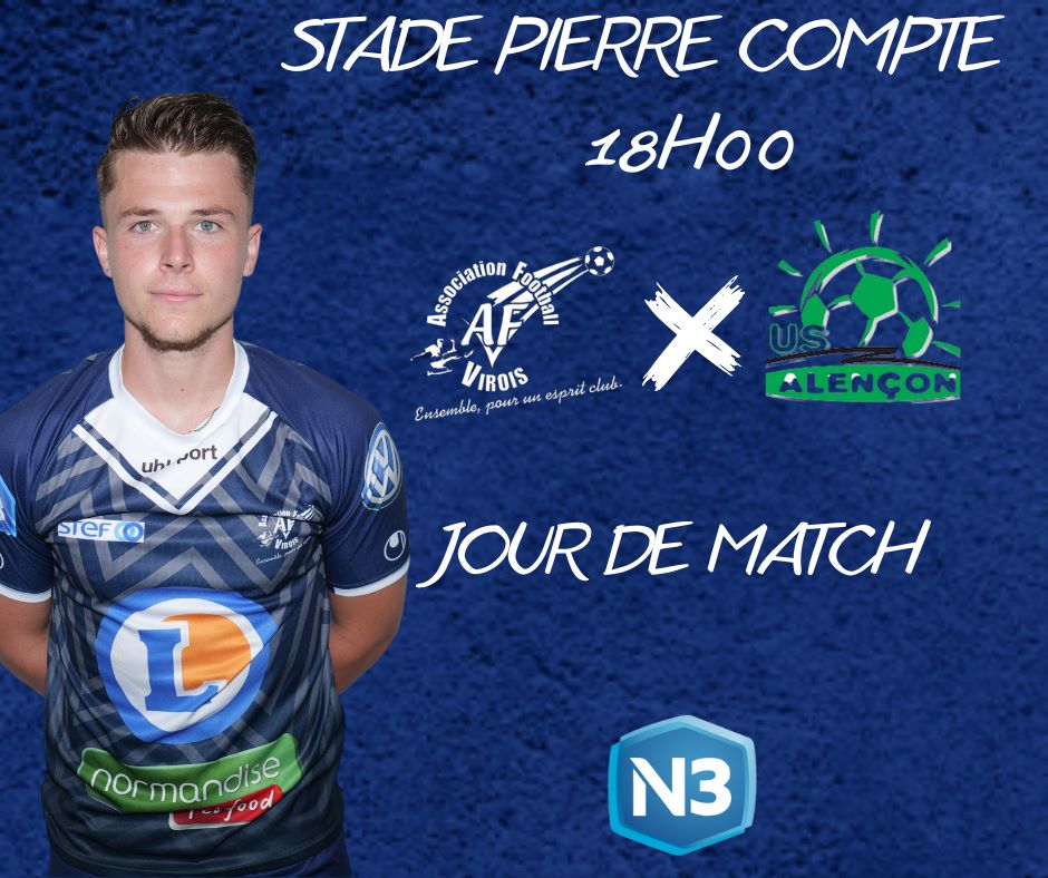 𝗖𝗲 𝘀𝗼𝗶𝗿, 𝗻𝗼𝘀 𝗩𝗶𝗿𝗼𝗶𝘀 𝗿𝗲𝗺𝗲𝘁𝘁𝗲𝗻𝘁 𝗲𝗻 𝗷𝗲𝘂 𝗹𝗲𝘂𝗿 𝗽𝗿𝗲𝗺𝗶𝗲̀𝗿𝗲 𝗽𝗹𝗮𝗰𝗲 ! 👊

⚽ 8e journée
🏟️ Stade Pierre Compte
📍 Vire Normandie
📅 Samedi 12 novembre
⌚ 18h00
🆚 Us Alençonnaise 61 
🎫 3€

#TeamAFV🔵⚪️