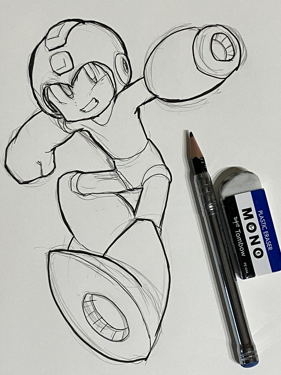 mega man (character) helmet 1boy male focus traditional media smile arm cannon drawing  illustration images