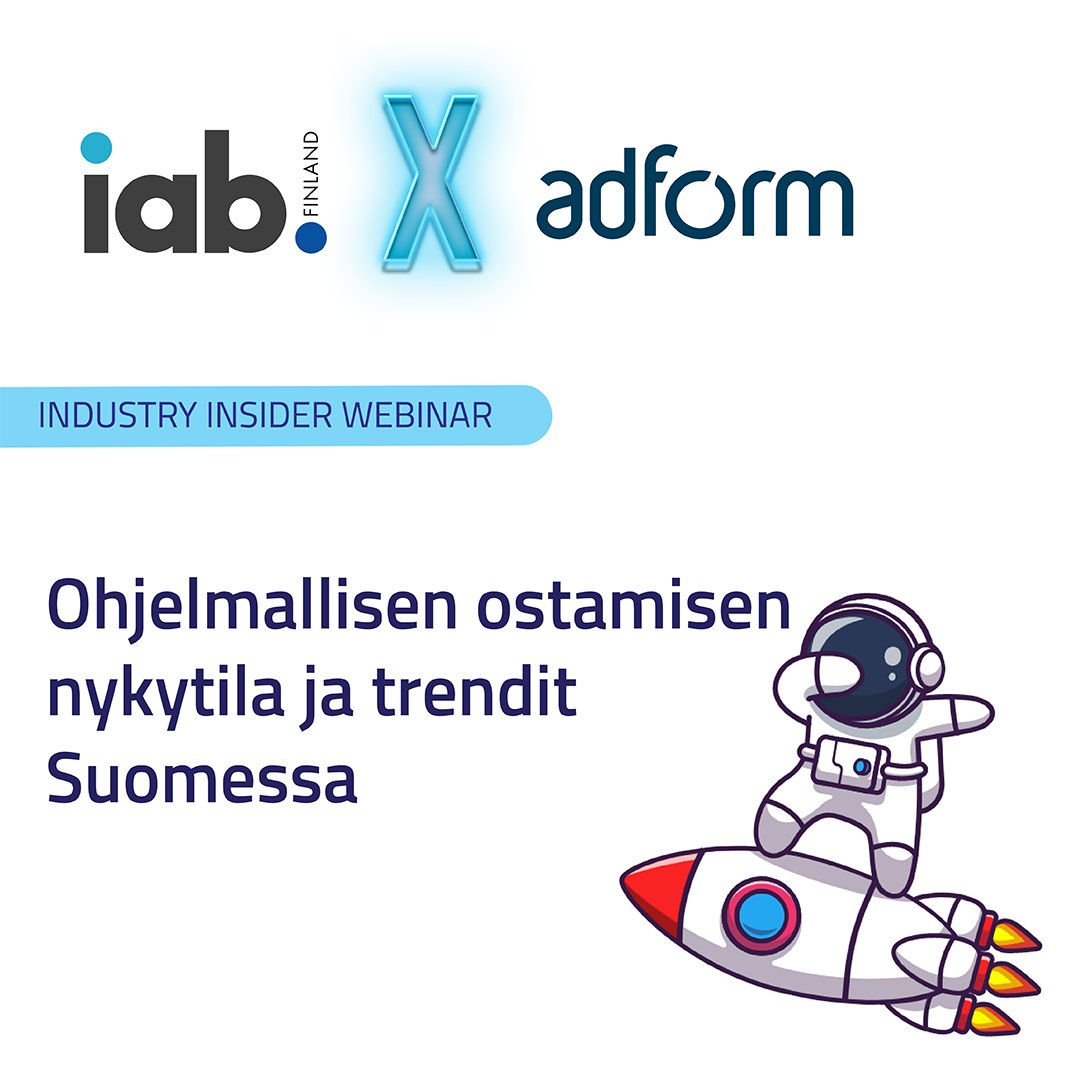 Nyt tulee kova uutuus!
IAB Finlandin Industry Insider webinaarit, jotka ovat tunnin tiiviitä paketteja täynnä asiaa.
IAB X Adform on historian ensimmäinen Industry Insider -webinaari. Tule mukaan 30.11.2022 klo 13-14
ssl.eventilla.com/insideradform
#iabfinland #adform #industryinsoder