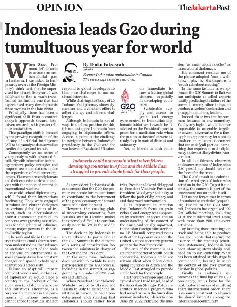 Setelah lama absen menulis, hari ini tulisan opini  saya mengenai Presidensi Indonesia di G20 dimuat di the Jakarta Post. Tabik