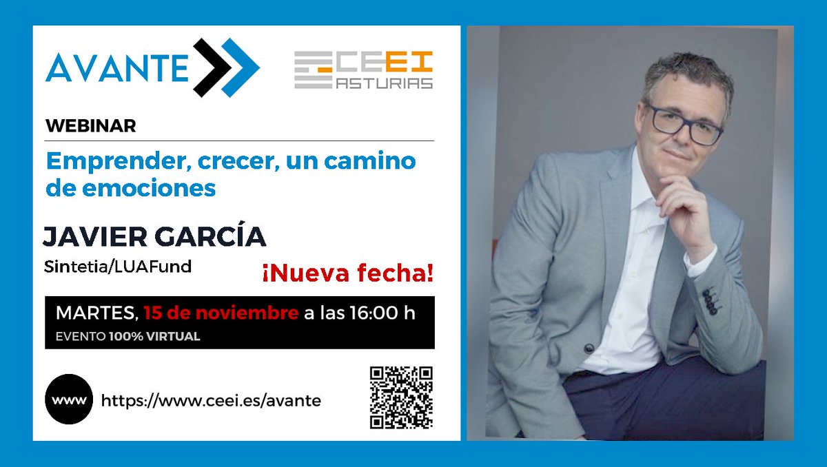 Toma NOTA 📝: El próximo MARTES, 🗓 15 NOVIEMBRE - ⏰ 16:00 h tendrá lugar el siguiente webinario de nuestro programa #𝗔𝗩𝗔𝗡𝗧𝗘.

En esta ocasión, contaremos con Javier García, Consejero y Executive Director en <a href="/FundLua/">LUAFund</a> y Cofundador de <a href="/sintetia/">Sintetia</a>.

ℹ👉ceei.es/sites/agenda/e…