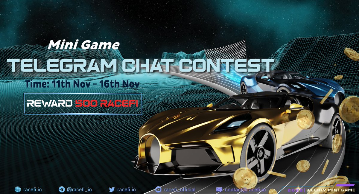 racefi_io's tweet photo. 💰WEEKLY MINIGAME | TELEGRAM CHAT CONTEST💰
❶ Like+comment+retweet this Twitter post
❷ Join Tele: https://t.co/kRPqyPMT52
❸ Chatting on #RaceFi Telegram
Prizes will be given to 2 people with the most messages from today to 16th Nov.
#RACEFI #Solana #KuCoin #ContestTwitter https://t.co/hNMa4gQUrO