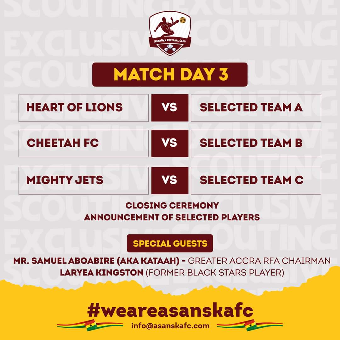 asanskafc's tweet photo. Match Fixtures for our Exclusive Scouting Tournament. Safe travel and good luck to all teams which will be representing.

Date: 14-16th November 2022
Venue: AsanSka FC Park (Oyibi)

#asanskafc  #weareasanskafc #weareasanska #asanska  #ghanascouting #ghanafootball https://t.co/avWLvY3L2V
