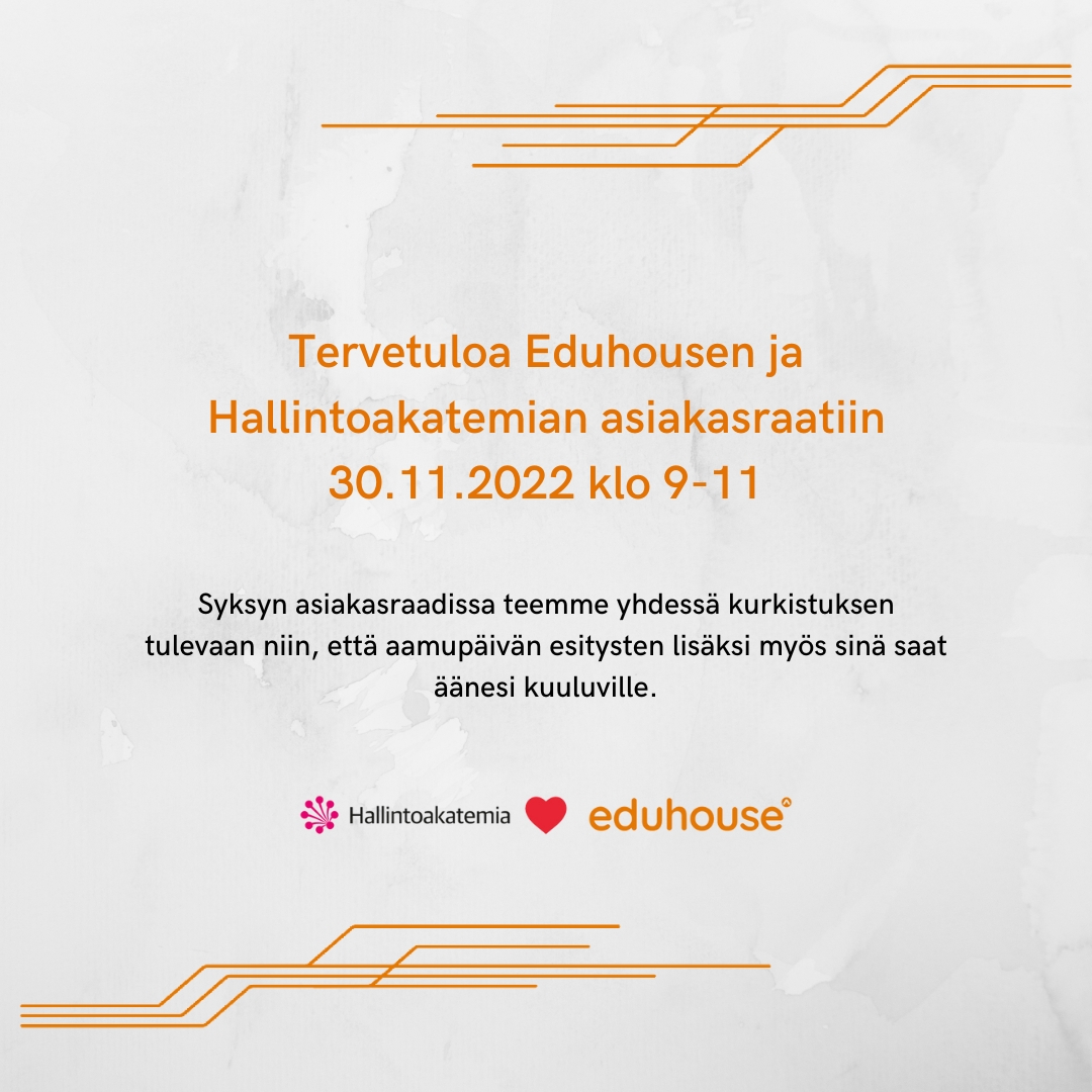 Meillä on ilo kutsua sinut asiakasraatiin, joka järjestetään etänä 30.11. klo 9-11. Lue lisää ohjelmasta äsken julkaistussa perjantaiblogissamme ja ilmoittaudu mukaan täyttämällä blogista löytyvän lomakkeen: hallintoakatemia.fi/tervetuloa-edu… Tervetuloa mukaan!😉