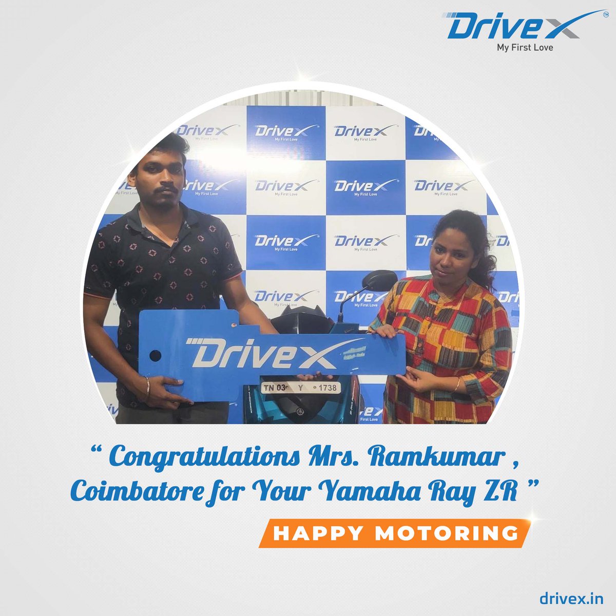 Congratulations Mrs. Ramkumar, Coimbatore for taking Yamaha Ray ZR. Thank you for being our valued customer. We appreciate your trust in us. Happy Motoring!

Call +91 76663 76661
WhatsApp: linkto.contact/DriveX
Visit: drivex.in

#DriveX #HappyMotoring #YamahaRayZR